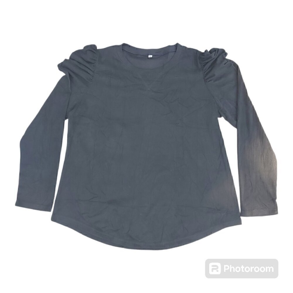 Women's Black Polyester Blend Long-Sleeved Shirt W/Puffy Ruched Shoulders, 2XL